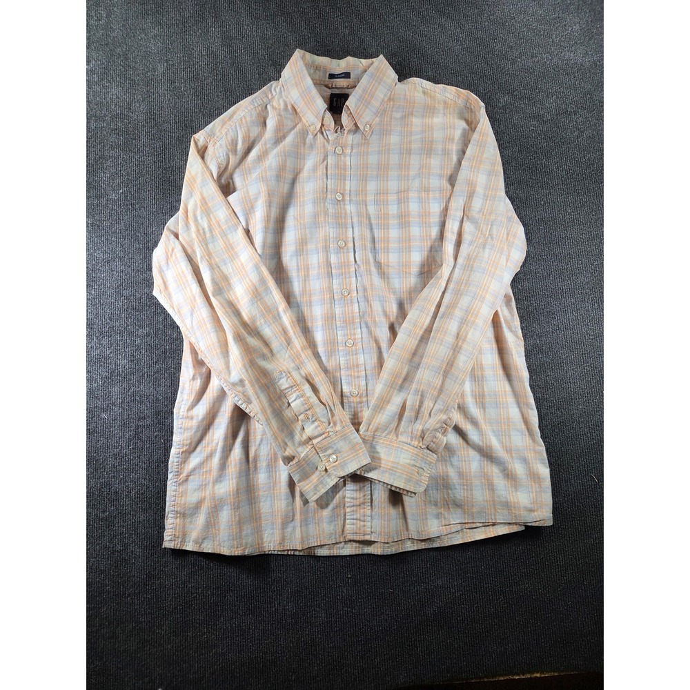 Gap Classic Mens XL Plaid Button Down Shirt Orange Blue Long Sleeve Woven Top